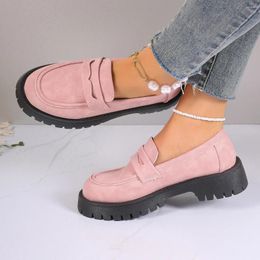 Casual Shoes Vintage Loafers Leather Flats Women Fashion Thick Bottom Chunky Heel Single Ladies