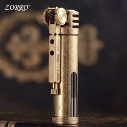 New Zorro Brass Metal Retro Transparent Fuel Tank Lighter Grinding Wheel Grooved Butane Without Gas Lighter Cigar Accessories Men's Gift