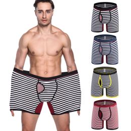 Pants M6xl Fashion Men's Stripe Boxers Sexy Cotton Lengthen Straight Angle Pants Front Opening Design Underpant