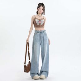 2024 Spring and Autumn New Wide Legged Jeans Womens High Waist Straight Leg Lengthened Slim Slimming Floor Sweeping Pants