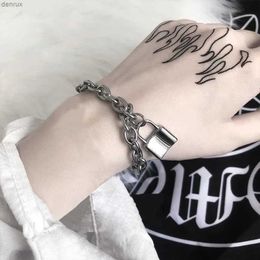 Other Bracelets Punk Stainelss Steel Lock Pendant Bracelet Wristband Chunky Link Chain Gothic Lock Bangles for Women Men Fashion Jewellery S485L240415