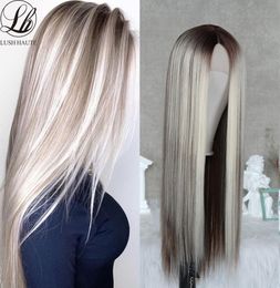 Ash Blonde Straight Lace Wig Highlight Wig Ombre Blonde Synthetic Hair Wig MiddleT Part Lace Wigs For Women Long Straight Hairfact8064348