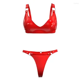 Bras Sets Black Sexy Patent Leather Underwear Erotic Lingerie Set Ladies Red Pink Push Up Bra Panties 2 Piece