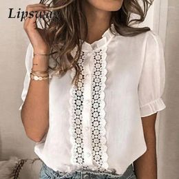 Women's Blouses Casual Lady Elegant Half Collar Ruffles Women Vintage Hollow Embroidered Pattern Tops Shirts Summer Short Sleeve Blusa