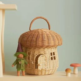 Rattan Woven Mushroom Basket Bohemian Portable Straw Storage Boxes Outdoor Vacation Picnic Baskets Kids Toy Sundries Organiser 240409