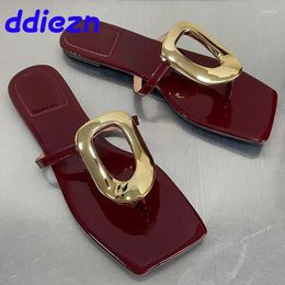 Slippers Flip Flops Summer Beach Luxury Ladies Flats Sandals Shoes Female Slides Fashion Metal Footwear Wine Red Women