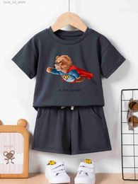 Clothing Sets New Baby short sleeve shorts set cartoon mens and womens print summer fashion cute bear 2024 fashion T240415