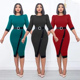 Casual Dresses Ladies Office Fashion High-End Dress Spring And Summer Solid Colour Cropped Sleeves O-Neck Bow Back Slim Pencil