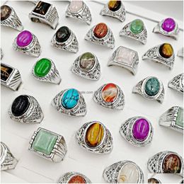 Band Rings Fashion New 50 Pieces/Lot Natural Gemstone Mix Style Pine Stone Size 18Cm-22Mm Fit Womens Mens Party Jewelrys Charm Turquoi Dhj9H