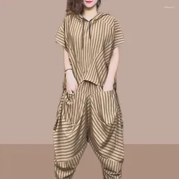 Women's Two Piece Pants Female Casual Striped Patchwork Sets Stylish Irregular Korean Hooded Drawstring Summer Elastic Haren Matching