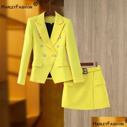 Two Piece Dress High Street Spring Summer Chic Designing Fresh Yellow Blazer Skirt Suit Pieces Sets With Blet Beautif Women Clothing Dhbvv