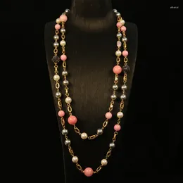 Pendant Necklaces Pink Stone Gray Pearls Long Trendy Statement Necklace