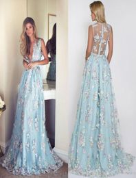 Sexy 3D Floral Appliqued Prom Dresses Long Deep V Neck Party Dress Floor Length Illusion Back Tulle Formal Evening Gowns4434540