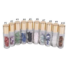 10ml Gemstone Roller Bottles Refillable Roll On Bottles with Golden Lids Healing Crystal Chips Inside for Perfumes9608415