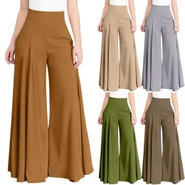 Women's Pants Floor Length Flare Women Pleated High Waist Elastic A Line Palazzo Trousers Solid Color Straight Flowy Wide Leg Culottes