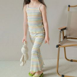 2024 Baby Girls Summer Suit Ice Silk Thin Childrens Striped Camisole Bell Pants Twopiece Set 240410