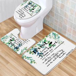 Bath Mats 3pcs/Set Inspirational Quotes Bathroom Mat Spring Green Leaves Plant Flannel Decor Bathtub Toilet Carpet Non-Slip Rug