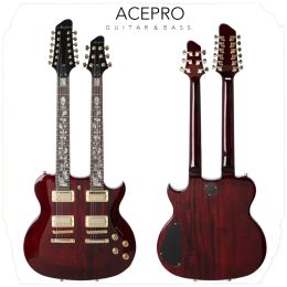 Pegs Wine Red Acepro Double Neck Electric Guitar with Basswood Body Carved Top Abalone Custom Stem Inlays Gold Hardware Guitarra