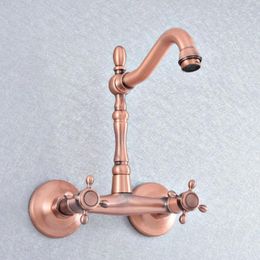 Bathroom Sink Faucets Antique Red Copper Wall Mounted Dual Handle Kitchen Faucet 360 Rotate Swivel Basin Mixer Tap Lsf866