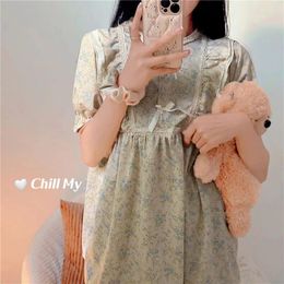 Women's Sleepwear Floral Print Womens Vintage Nightgown Korean Ruffles Short Sleeve Night Dress One Piece Pyjama Summer Lace Home Wear