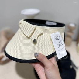 Visors Japanese Fashion UV-CUT Women's Wide Brimmed Straw Hat With Black And White Bow Summer Beach Riding High-quality