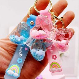 Keychains Lanyards Creative New Acrylic Oil-Filled Bow Dried Flower Keychain Exquisite Cute Liquid Quicksand Small Pendant Fashion Jewellery