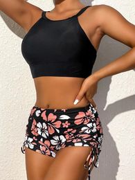 Women's Swimwear 2024 High Waist Tankini Women Neck Swimsuit Floral Female & Drawstring Shorts Bathers Bathing Swimming Suit Beachwear