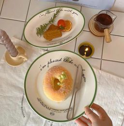 Plates French INS Green Line Letter Ceramic Plate Breakfast Dessert Western Beautiful Tableware