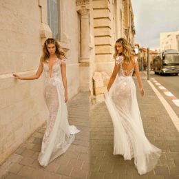 Muse By Berta Wedding Dresses Jewel Capped Sleeves Lace Mermaid Bridal Gowns 2024 Backless Sweep Train Wedding Dress