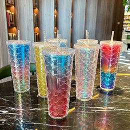 24oz Tumblers Studded Straws Fish Scale Thermos Cold Water Drink Bottles 710ml Capacity Mugs Plastic Coffee Termos Cup Bright Diamond Starry Travel Car Drinking