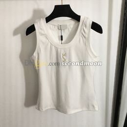 Women Cotton Fabric Tee Letter Embroidered Tanks Top U Neck Sport T Shirt High Elastic Gym Tees