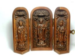 Decorative Figurines 1919 Chinese Boxwood Hand Carved 3 Buddha Avalokitesvara Figurine Statue Desk Decoration Collectable Gift H 4.0 In