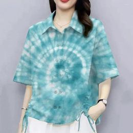 Women's Blouses Women Casual Blouse Stylish Tie Dye Print Shirt With Drawstring Design Lapel Short Sleeve Double For Summer