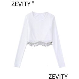 Women'S Blouses & Shirts Womens Zevity Women Fashion O Neck Black White Color Knitting Short Blouse Female Hem Diamond Tassel Slim Sh Dh2Bx