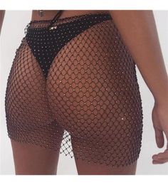 Grid Mesh Hollow Out Mini Skirt For Women Fishnet Skirt Sexy Beach Night Club Bikini Crops Cover Crystal Body Chain T2005075722832