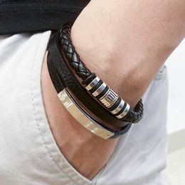 Other Bracelets Trendy Leather Bracelets For Men Stainless Steel Bracelet 21CM Multilayer Braided Rope Bracelets for Male Jewellery GiftsL240415