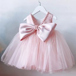 1-5 Yrs Baby Girls Party Dress for Backless Bow Birthday Wedding Flower Girl Gowns Beading Toddler Kids Baptism Princess Dresses 240412