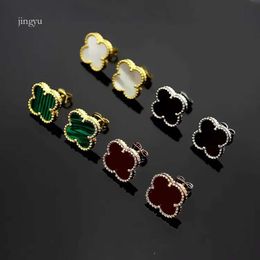 Vanclef Necklace 12Mm Engrave Flower Stud Factory Gold Rose Sier Earrings 316L Stainless Steel Inlaid Ceramic Black White Red Green Pin