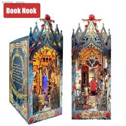 3D Puzzles Ury 3D Wooden Puzzle Magic LED Book Nook Shelf Insert Kit Miniature Fairy Tale Town Bookshelf Forest Bookend Toys Girl Xmas Gift Y240415