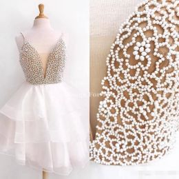 Luxury Beaded Pearls White Homecoming Dresses Tiered Sheer Deep V Neck Spaghetti Straps Custom Made Cocktail Party Prom Gowns