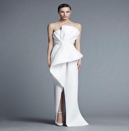 Saudi Arabia Dubai Middle East Formal Dresses Sexy Strapless Sheath White Satin Long Dress with Tiers Evening Dress Abendkleid1263995