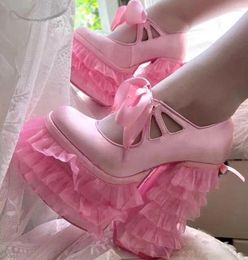 Dress Shoes Lolita Pink Satin Mesh Lace Ruffle Chunky Heels Pumps Round Toe Ribbon Tie Up Club Party Platform Runway