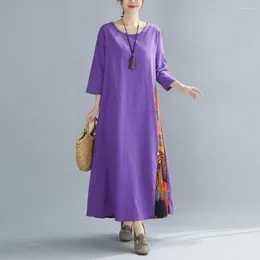 Casual Dresses Women Dress Elegant Retro Maxi With Colourful Print Button Detail Women's Spring Summer A-line Three Quarter