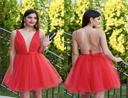 Red Short Prom Dresses Sexy Deep V Neck Sleeveless Pleated Tulle Ribbon Backless Fashion Party Dresses Sexy Homecoming Dresses3654408