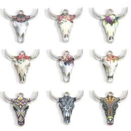 Charms Zinc Based Alloy Bull Head/ Cow Head Silver Colour Multicolor Enamel Pendants For DIY Jewellery Making 22mm X 21mm 10 PCs