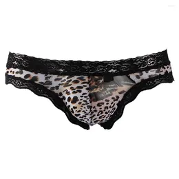 Underpants Men Sexy Leopard Printed Thong Bikini Panties Bulge Cock Pouch Lace Border Briefs Low Waist T-back Seamless Lingerie