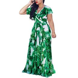 Leaf Print Women Clothing Bohemian Womens Summer Dress Plus Size Vneck Short Sleeve Casual Long Dresses Large 240411