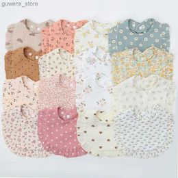 Bibs Burp Cloths Flower Print Baby Bibs Adjustable Snap Saliva Towel Ruffled Edge Muslin Cotton Burp Cloths Rainbow A Grade Girls Feeding Scarf Y240415Y240417SL03