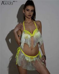 Sexy Skirt Carnival Beach Outfits For Women Shiny Tassel Bralette Halter Crop Top Belly Dance Tassel Mini Skirt Festival Rave 2 Pcs Set L49