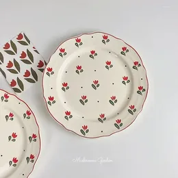 Plates French Ins Retro Lace Ceramic Plate With Red Edge Tulip Meal Breakfast Dessert Western Heat Resistant